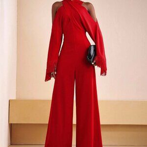 Red Elegant Women's Cross Neckline Jumpsuit